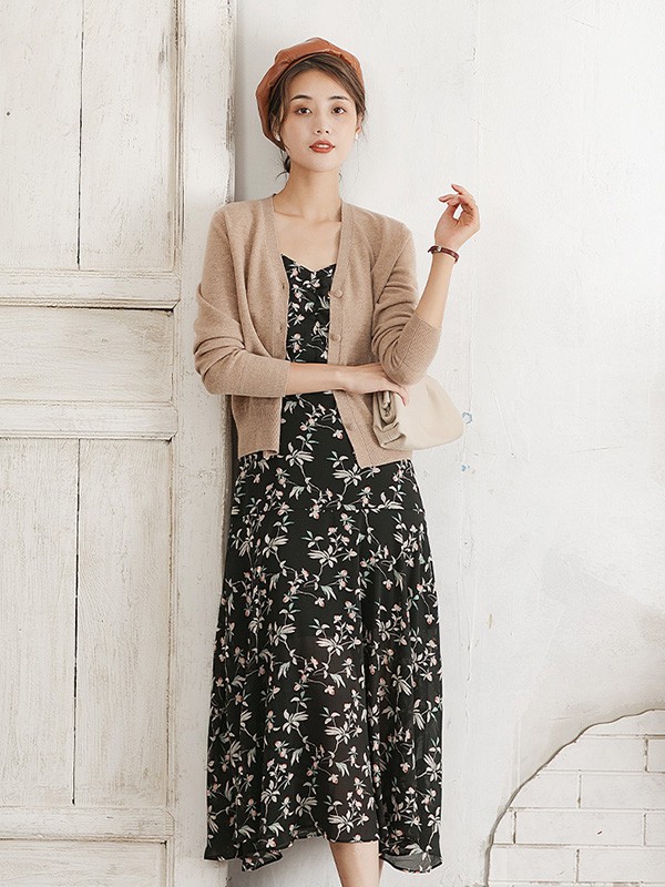 裙居2023春夏季黑色吊带裙