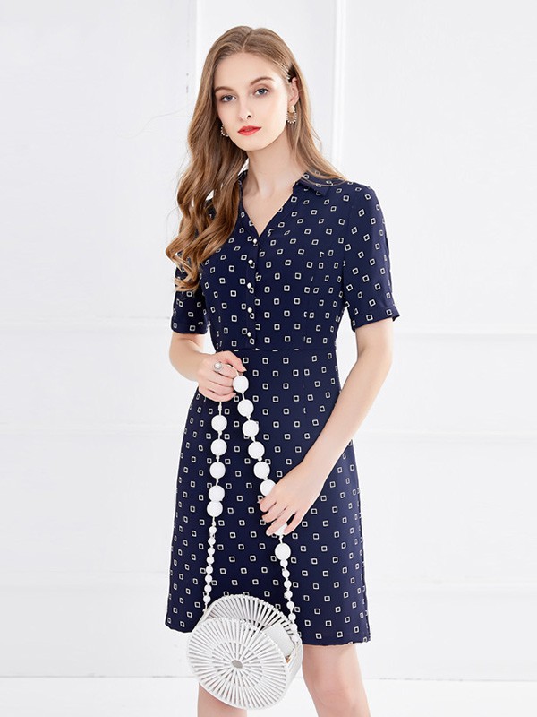 李红2023春夏季藏蓝色连衣裙