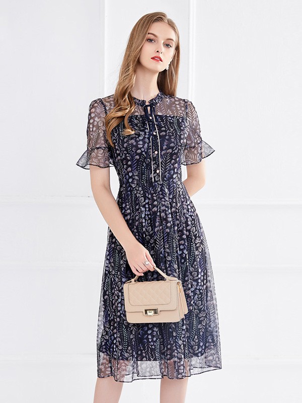 李红国际女装2023春夏季藏蓝色连衣裙