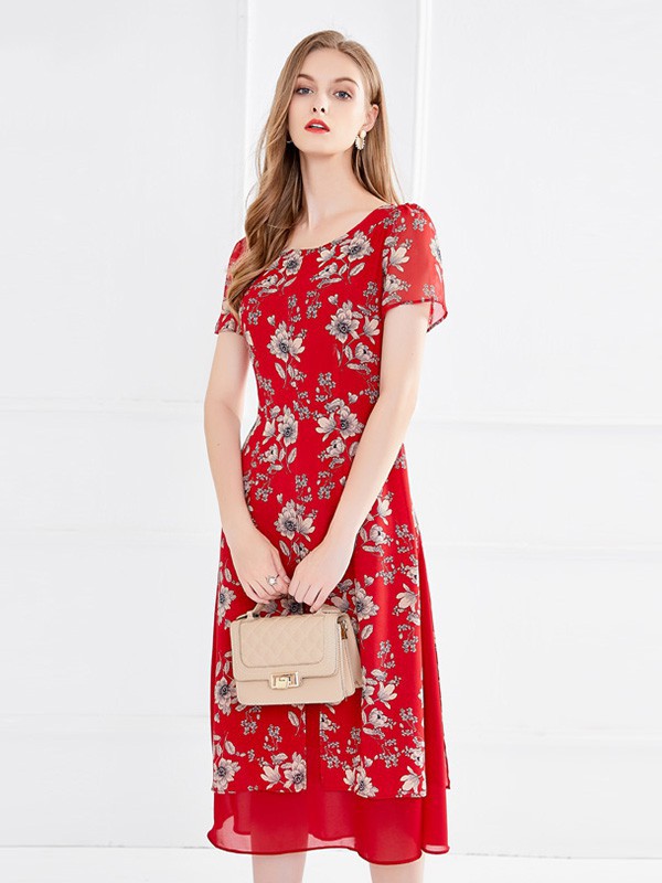 李红国际女装2023春夏季红色连衣裙