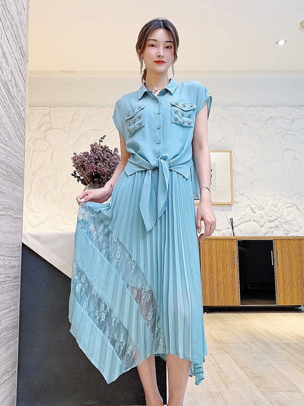 红魔方女装2023春夏季蓝色衬衫裙