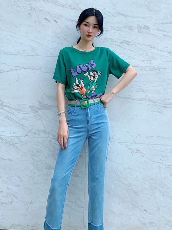 红魔方女装2023春夏季绿色T恤