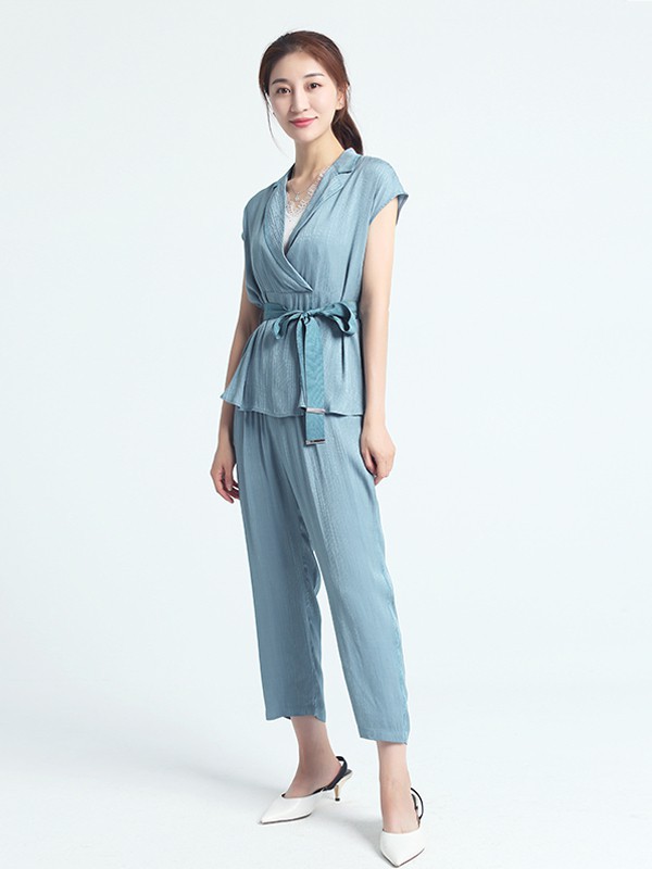 红魔方女装2023春夏季蓝色阔腿裤