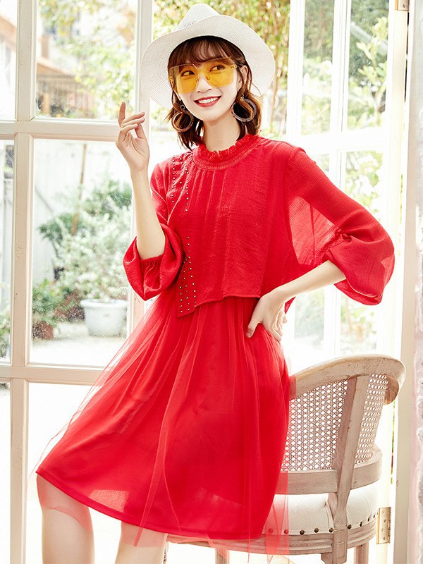 锦蕙兰女装2023春夏季红色衬衫裙