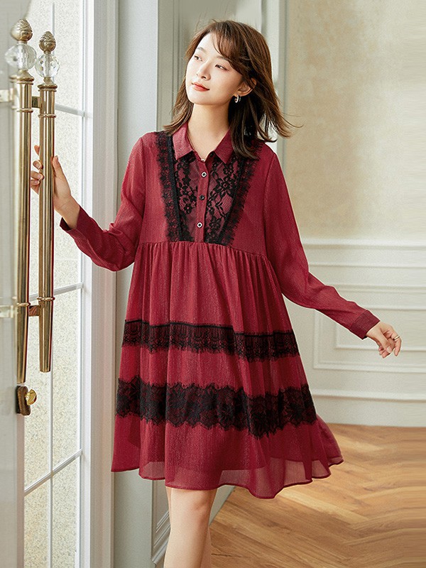 锦蕙兰女装2023春夏季酒红色连衣裙