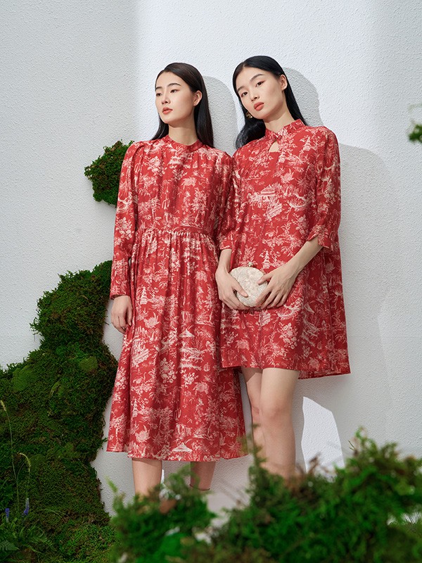 迪凯女装2023春夏季红色连衣裙