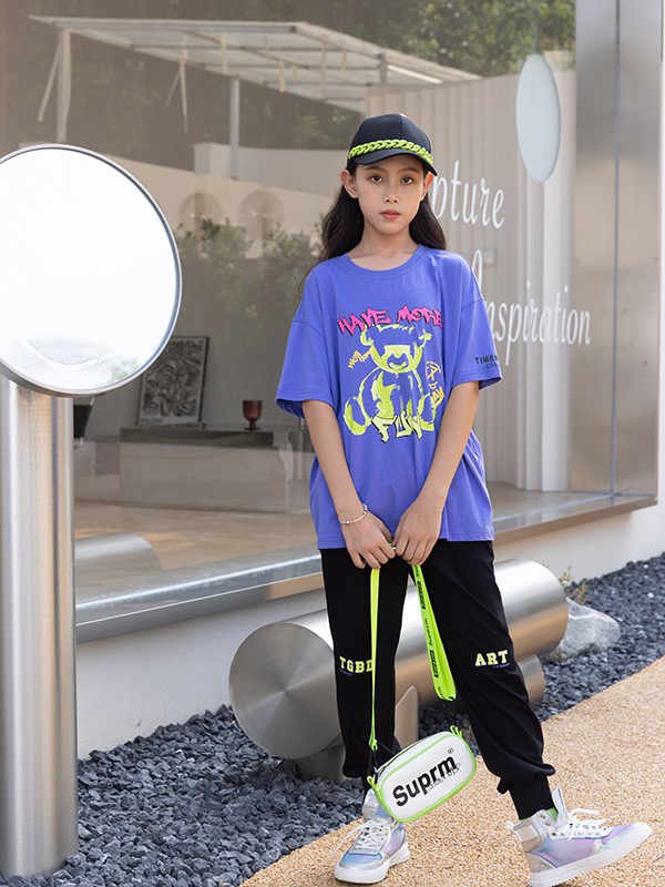 糖果布丁童装2023春夏季蓝色T恤