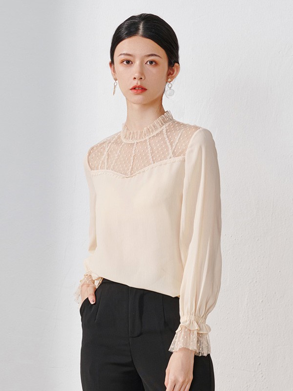 天谜女装2023春夏季裸色雪纺衫