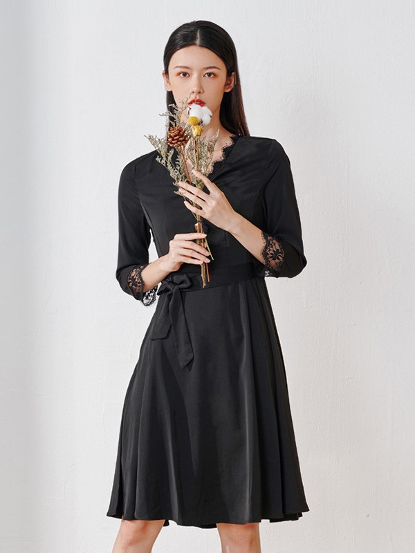 天谜女装2023春夏季黑色衬衫裙