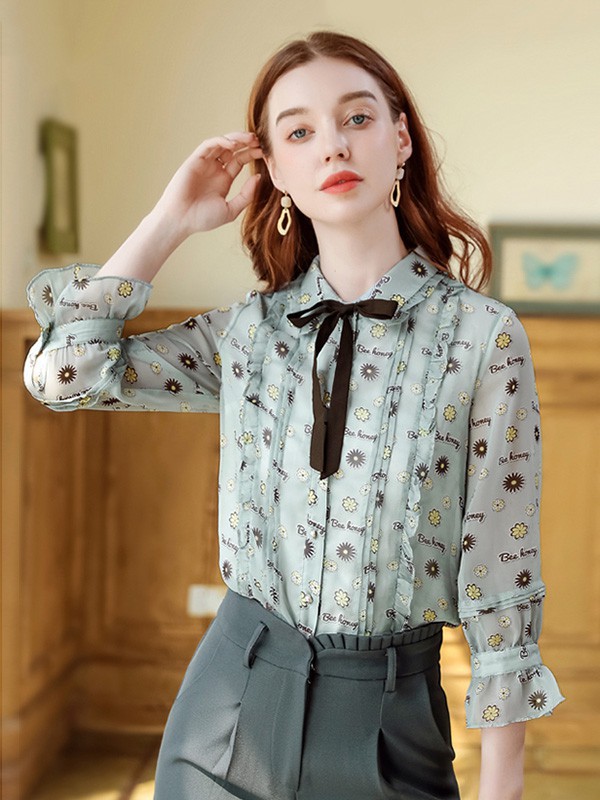 天谜女装2023春夏季绿色衬衫