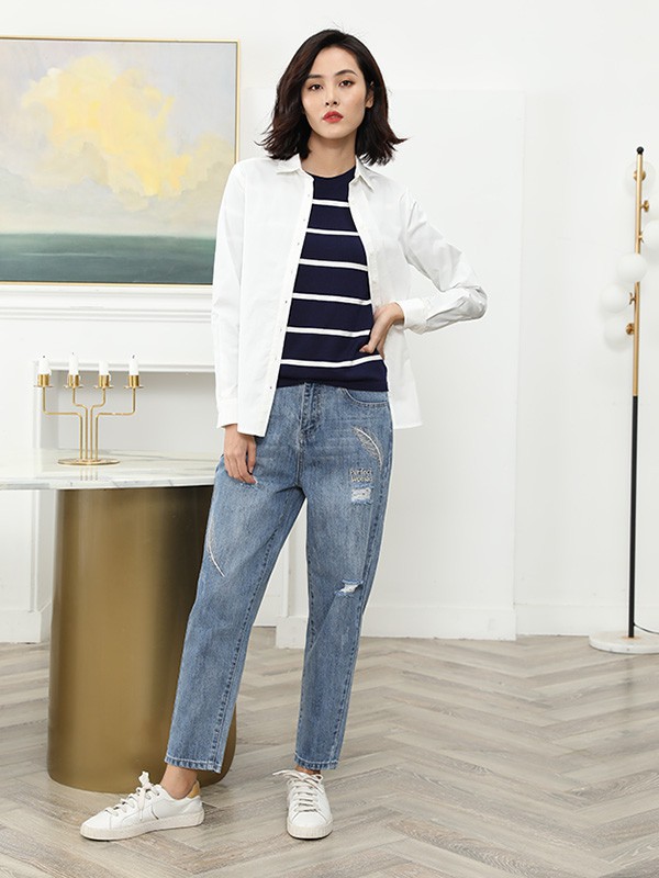 诗燕女装2023春夏季蓝色长裤