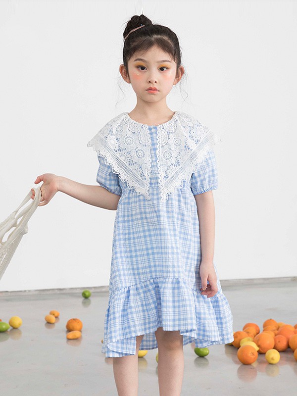调皮孩子童装2023春夏季蓝色连衣裙