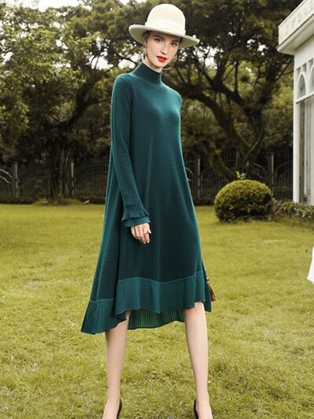 VzxQ女装2022秋冬季墨绿色毛衣裙