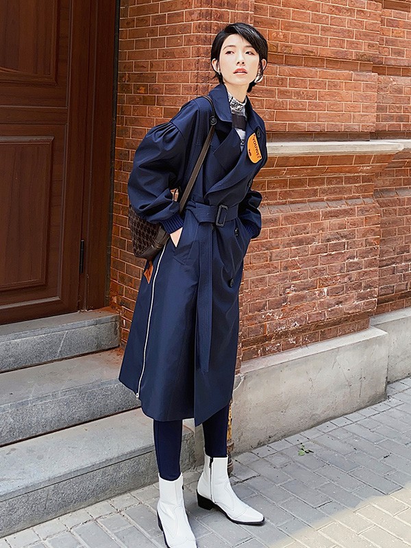 有尾女装2023春夏季藏蓝色风衣