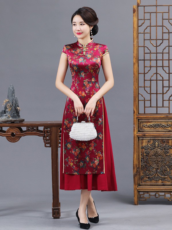 虞美记女装2023春夏季酒红色旗袍