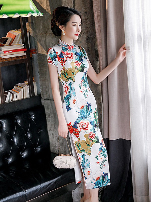 虞美记女装2023春夏季白色旗袍