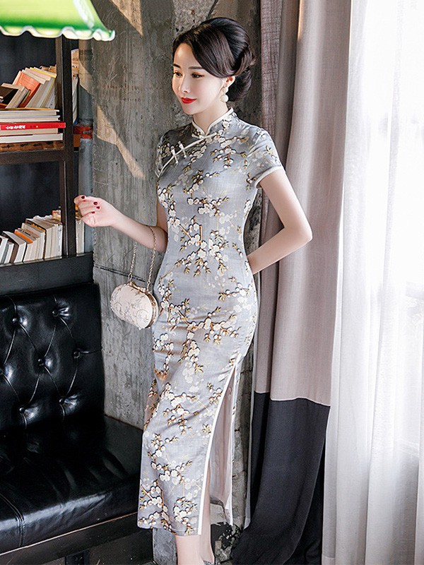 虞美记2023春夏季灰色旗袍