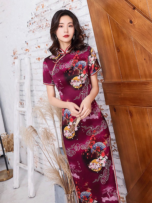 虞美记2023春夏季酒红色旗袍