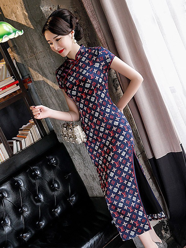 虞美记2023春夏季藏蓝色旗袍