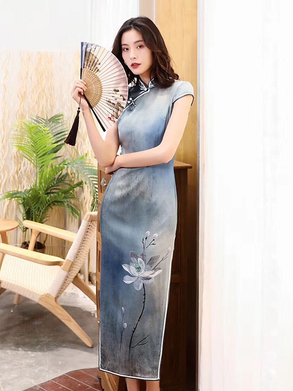 虞美记2023春夏季蓝色旗袍