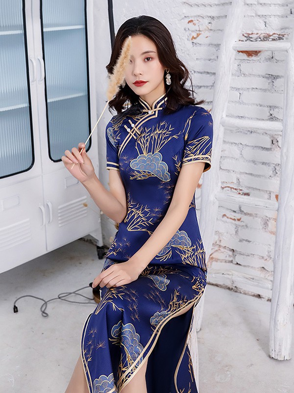 虞美记2023春夏季藏蓝色旗袍