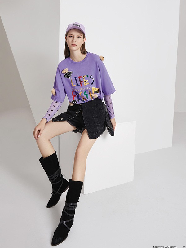 亮点国际女装2023春夏季紫色T恤
