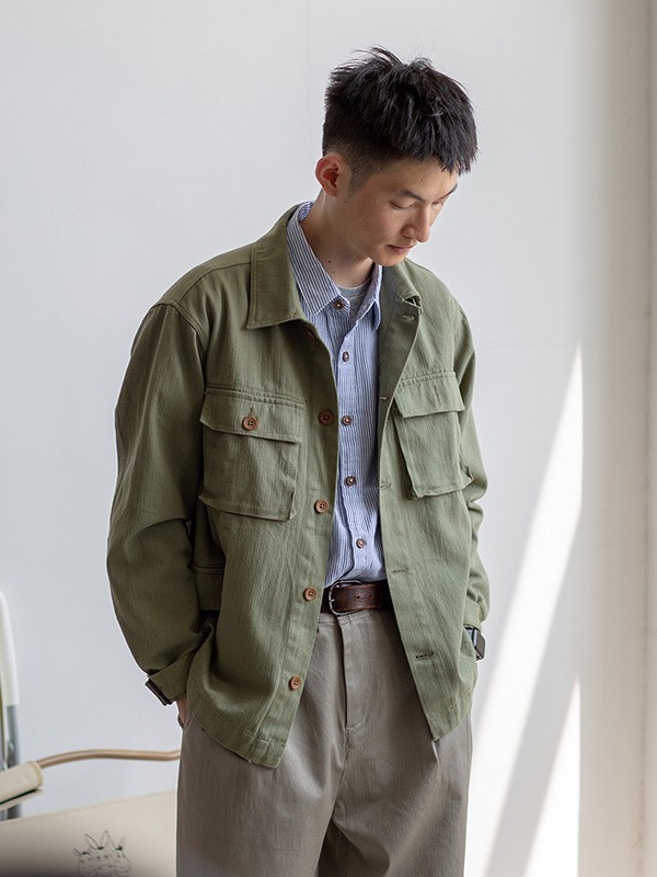 几立男装2023春夏季军绿色衬衫