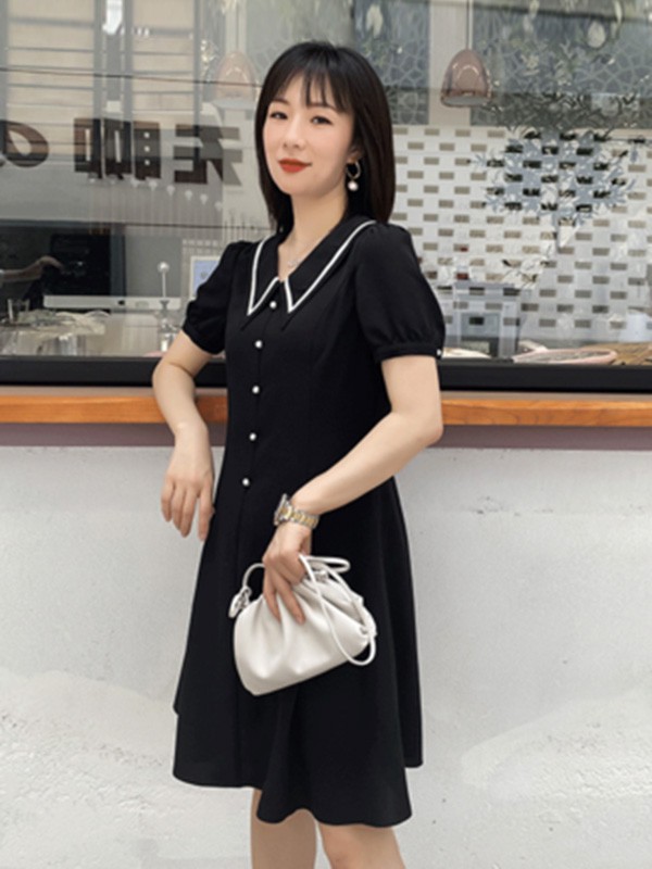 芊艾女装2023春夏季黑色连衣裙