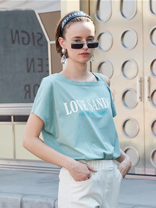 芊艾女装2023春夏季蓝色T恤
