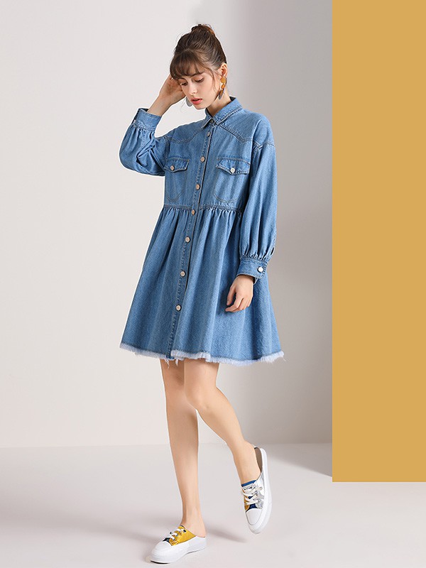 佐幕妮女装2023春夏季蓝色衬衫裙