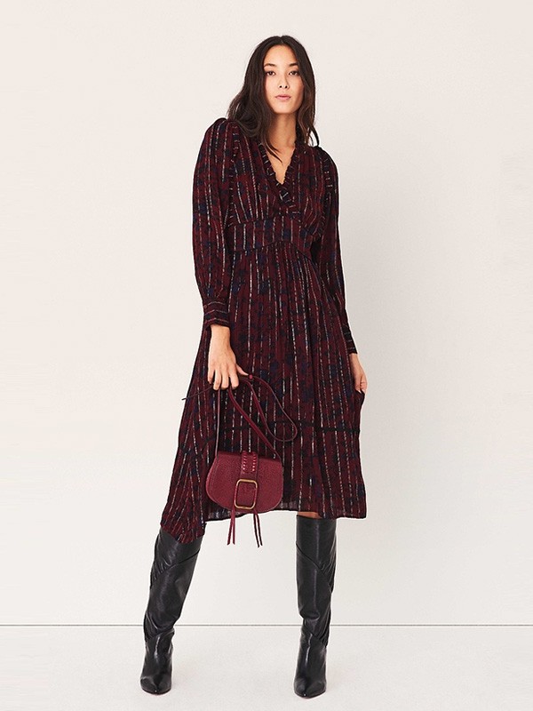 巴安斯女装2022春夏季酒红色连衣裙