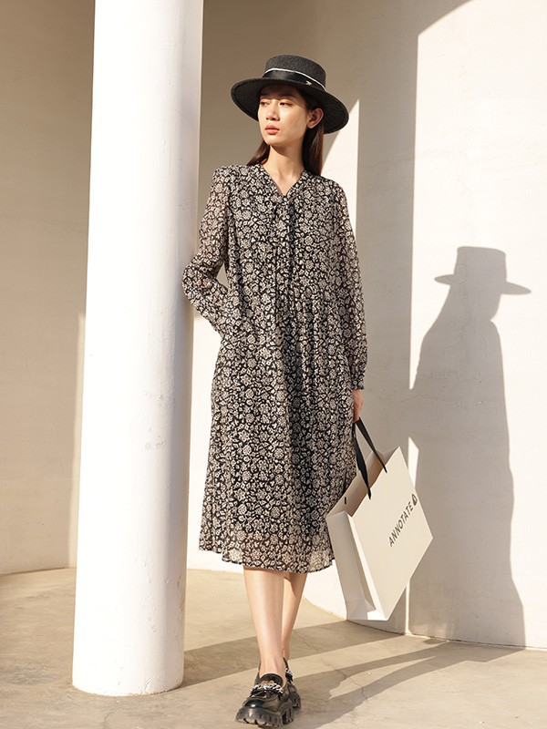 注释ANNOTATE女装2023春夏季黑色连衣裙