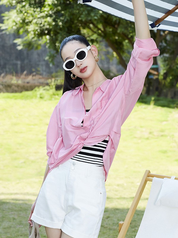 百图女装2023春夏季粉色衬衫