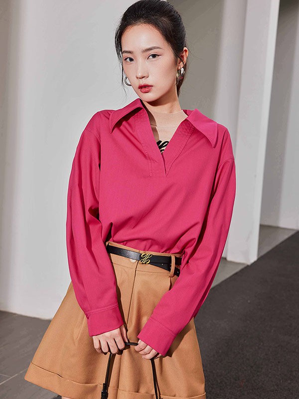 姚领女装2023春夏季粉色衬衫