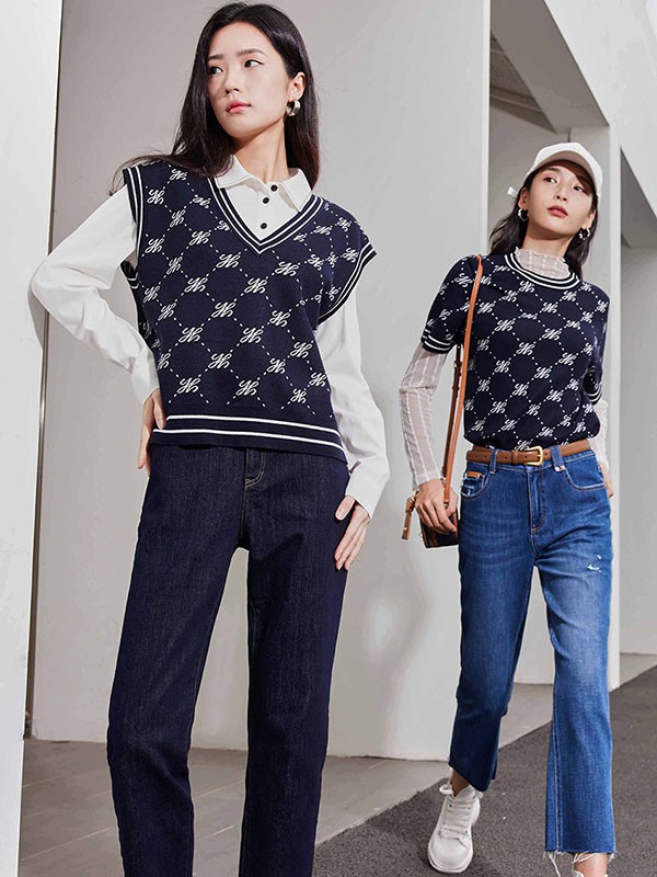 姚领女装2023春夏季藏蓝色长裤