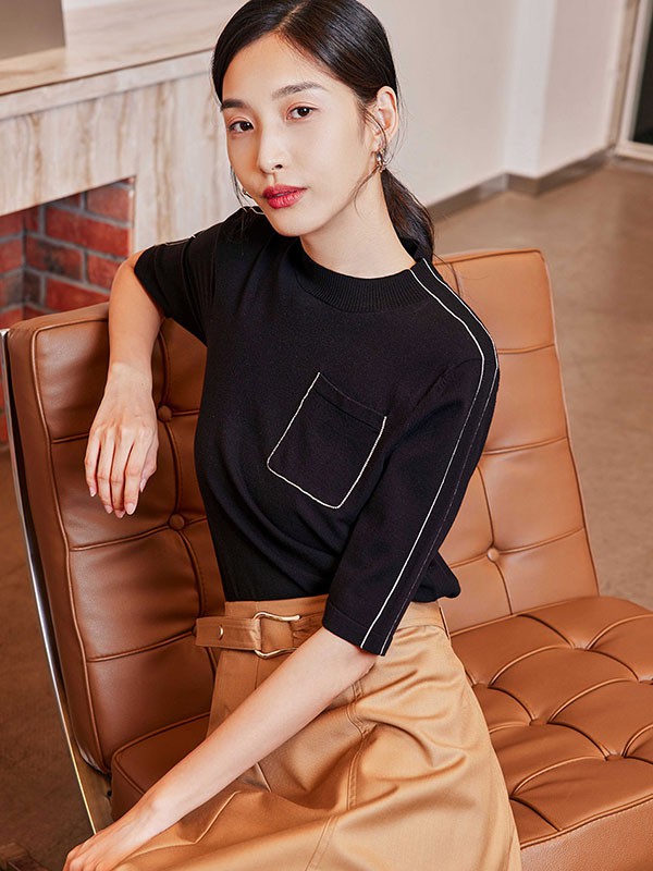 姚领女装2023春夏季黑色T恤