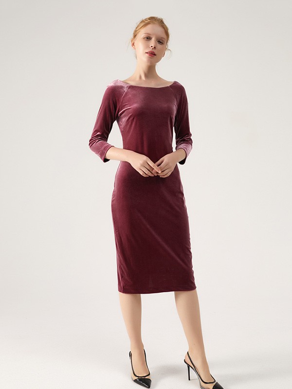 灏锦女装2022秋冬季酒红色连衣裙