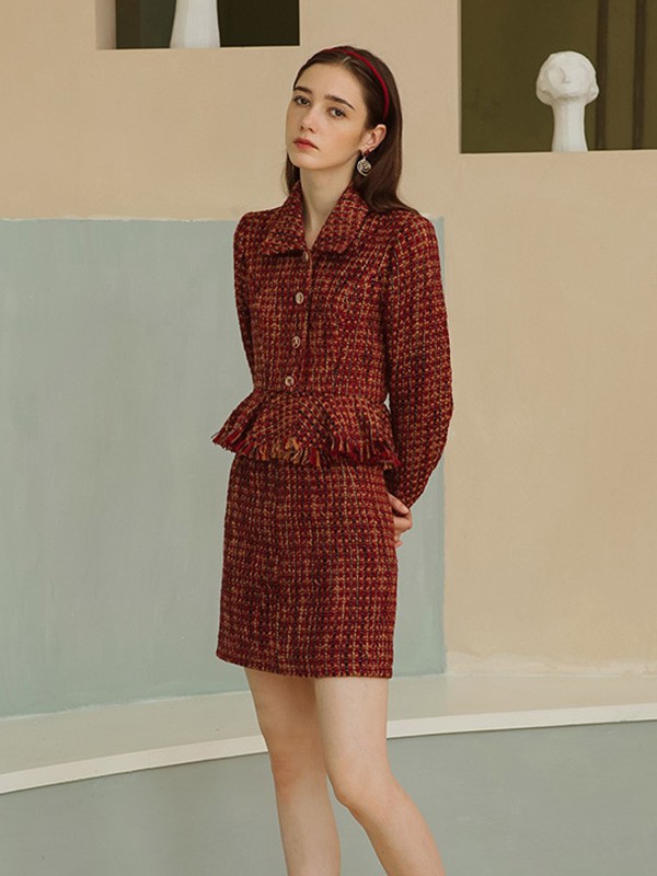 ISISLOVE女装2023春夏季酒红色短裙