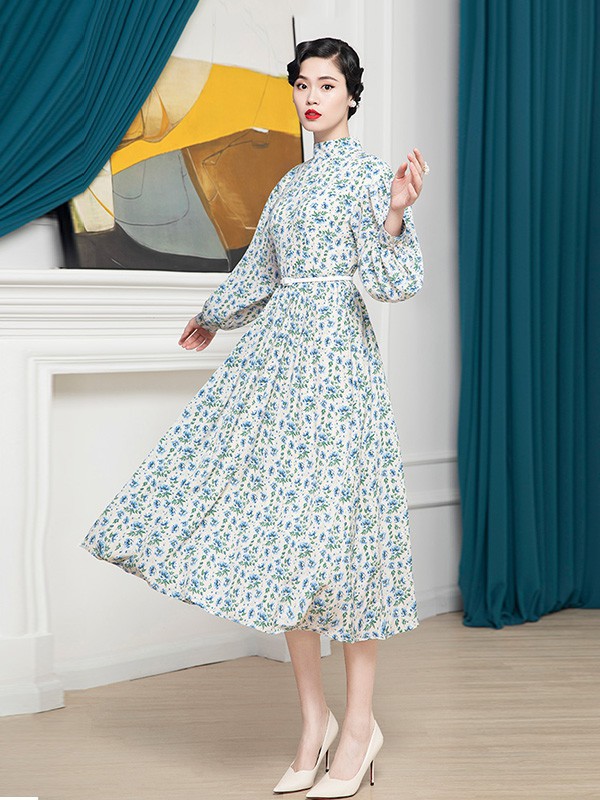 DIFFERENTES女装2022秋冬季蓝色连衣裙