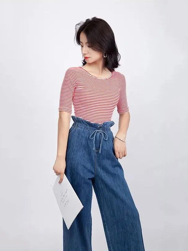 小丽衣橱女装2023春夏季藏蓝色阔腿裤