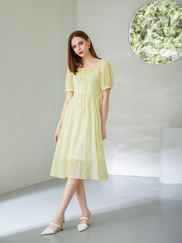 艾丽哲女装2023春夏季黄色连衣裙