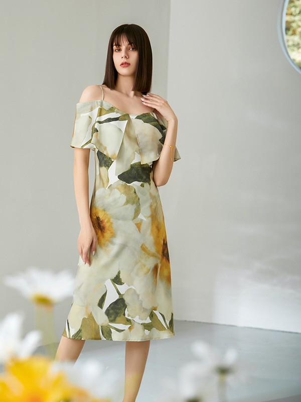 艾丽哲女装2023春夏季绿色连衣裙