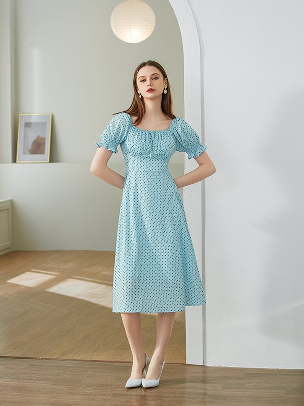 艾丽哲女装2023春夏季蓝色连衣裙