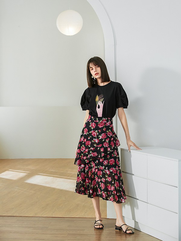 艾丽哲女装2023春夏季黑色T恤