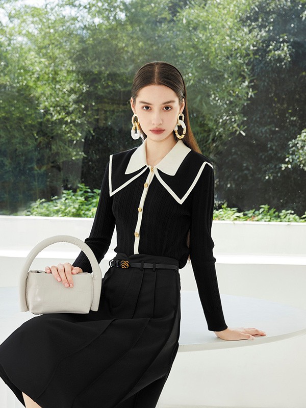 欧莎莉格女装2023春夏季黑色针织衫