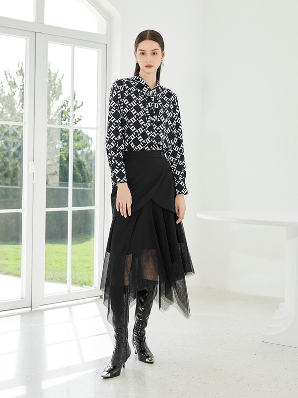 欧莎莉格女装2023春夏季黑色纱裙