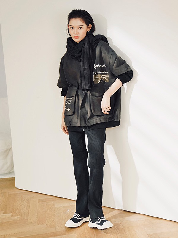 双木偶女装2023春夏季黑色长裤