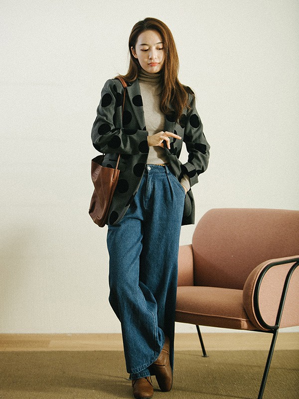 绽放2022秋冬季藏蓝色阔腿裤