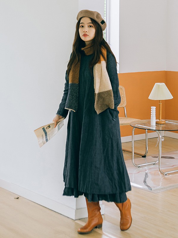 绽放女装2022秋冬季墨绿色连衣裙