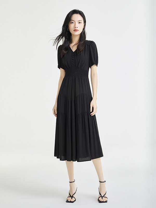 迪笛欧女装2023春夏季黑色连衣裙